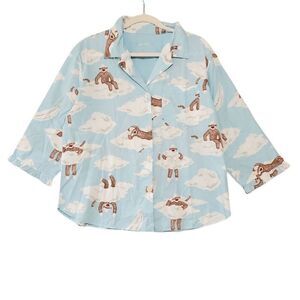 Nick & Nora Women's Sock Monkey Clouds Ruffle Hem Sleeves Button Down Pajama Top